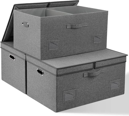 Graciadeco 75 Quarts Extra Large Decorative Storage Bins with Lids, 3 Packs Gray Collapsible Storage Bins with Lids, Stackable Storage Bins Decorative Box Storage With Lid Extra Large | 75 Quarts 3 Pack Gray1 Collapsible Stackable Linen Fabric 4 Handle...