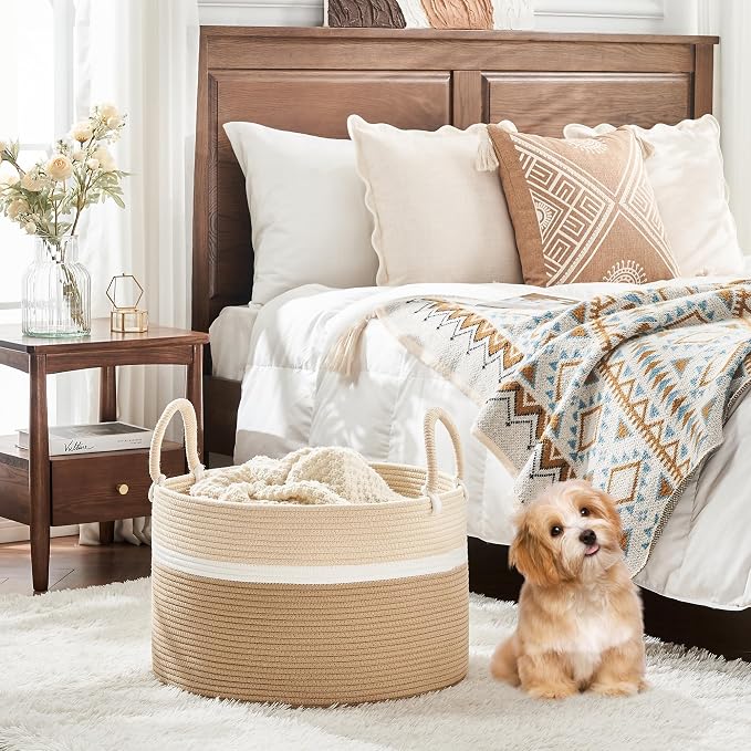 KAKAMAY Large Blanket Basket with Handles, Storage Basket for Living Room | Extra Large Capacity | Natural Cotton Rope | Blanket Storage | Woven Storage Basket | Stuffed Animal Storage | Laundry Basket