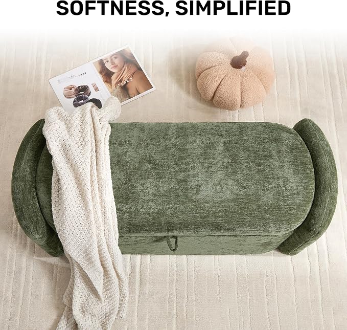 Oval Storage Ottoman Bench, 45" Upholstered Chenille End of Bed Storage Bench, Foot Rest Ottoman with Storage, Bedroom Living Room and Hallway,Green