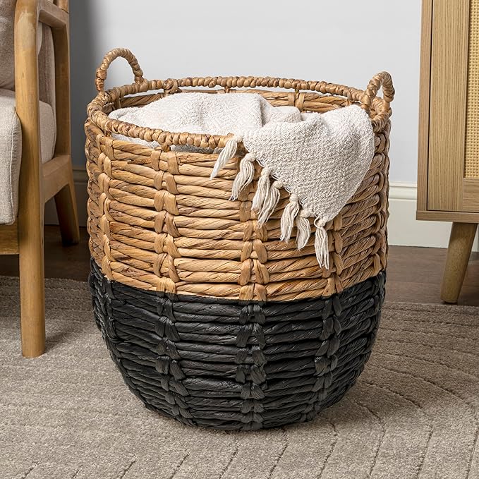 happimess Laurel Hand-Woven Abaca Storage Basket 19", Natural/Black | Wicker Seagrass Container with Handles for Decoration, Laundry Room Entryway Hamper, 22 Pounds Capacity, Braided Accents