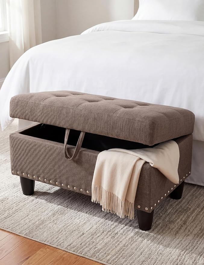 Ottoman with Storage, 28.5 inch Liner Storage Ottoman with Padded Seat, Large Entryway Bench with Solid Wood Frame, Upholstered Sturdy Foot Rest for Living Room, Bedroom, Entryway, Brown