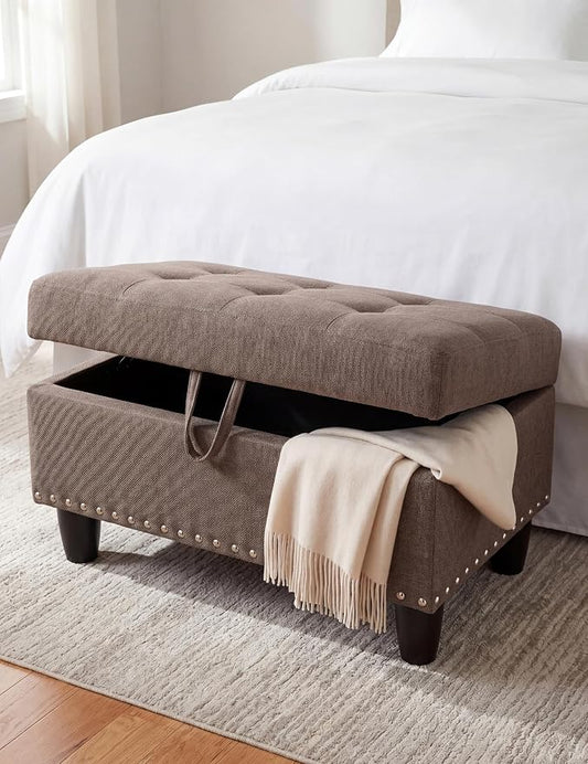 Ottoman with Storage, 28.5 inch Liner Storage Ottoman with Padded Seat, Large Entryway Bench with Solid Wood Frame, Upholstered Sturdy Foot Rest for Living Room, Bedroom, Entryway, Brown