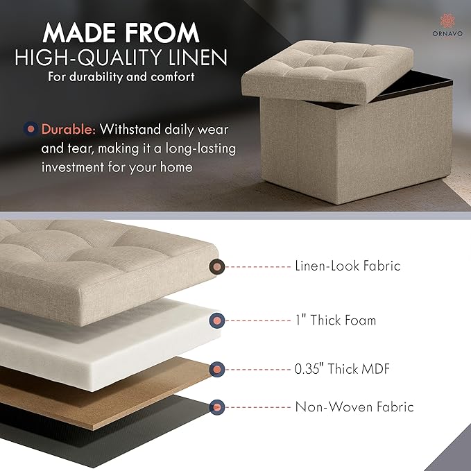 Ornavo Home Small Rectangle Storage Ottoman, Linen, 12x16x12, Taupe | Collapsible Cube Design; Foot Rest Stool Seat; Ideal for Living Room, Bedroom, Home Office or Dorm