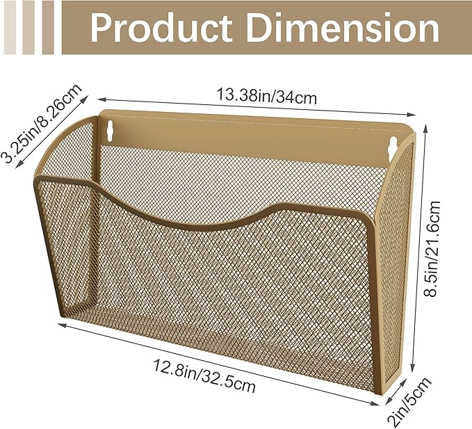 EasyPAG Wall File Organizer, Metal Mesh Hanging File Folder Holder for Letter/A4 Size Folders, Vertical Wall Mount Mail Sorter for Office Paperwork, Classroom, Gold