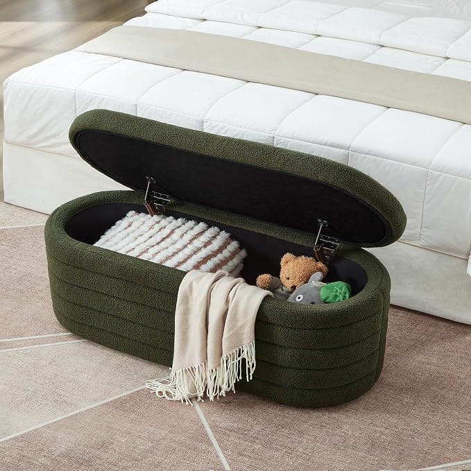 Ball & Cast Storage Bench, Upholstered Oval Ottoman, End of Bed Stool with Safety Hinge for Bedroom, Living Room, Entryway, Teddy Fabric, Dark Green