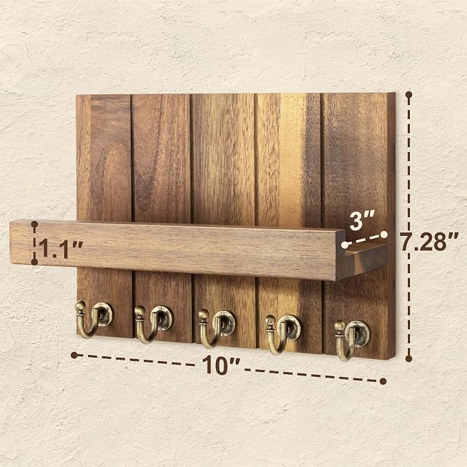Rebee Vision Acacia Wood Key Holder Wall Mount with Shelf Home Decor, Brown | 3.54'' x 10'' x 7.28'', Floating Shelf, Plant Display, Key and Mail Holder for Wall, Rustic Accent for Apartment Storage