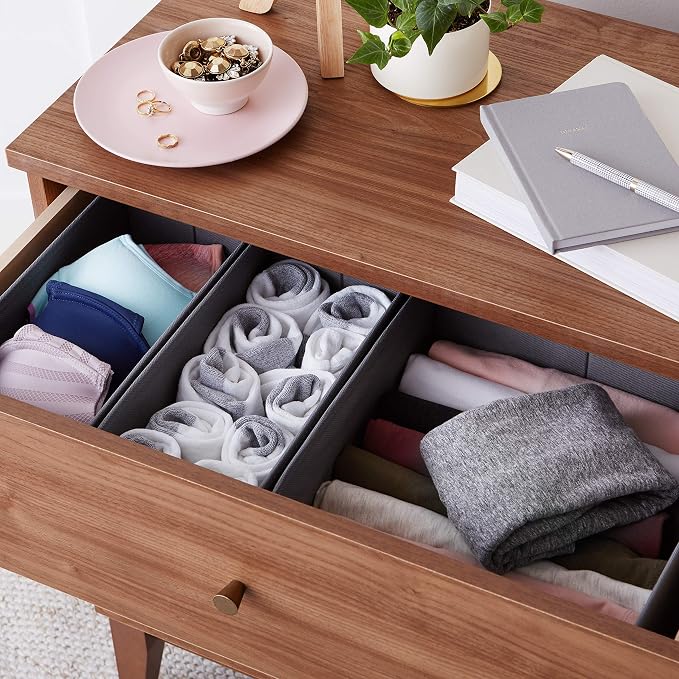 Amazon Basics Collapsible Cloth Drawer Organizer Boxes for Socks, Underwear and Baby Clothes, Storage Bins, Gray, Set of 6