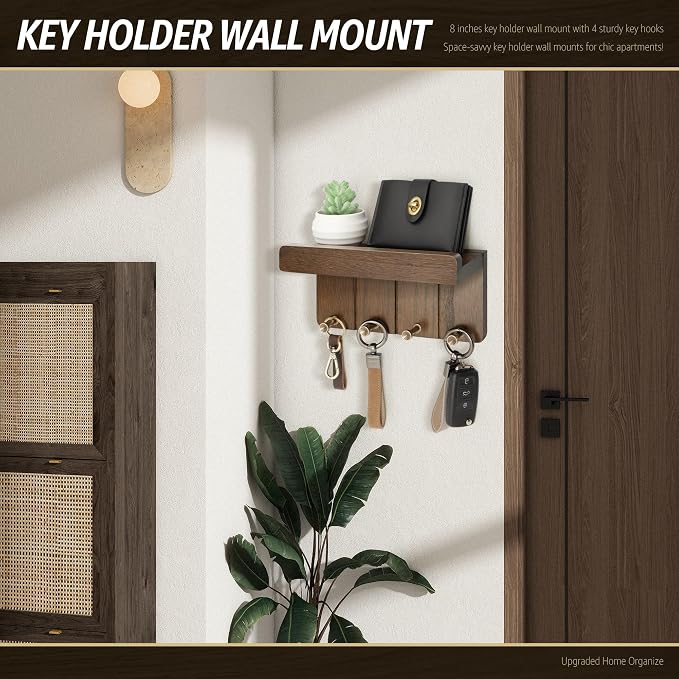Rebee Vision Small Key Holder Wall Mount with 4 Hooks for Entryway, Brown | Key and Mail Holder for Wall, Mail Organizer, Mini Floating Shelf, Plant Display, Apartment Aesthetic, Compact Storage