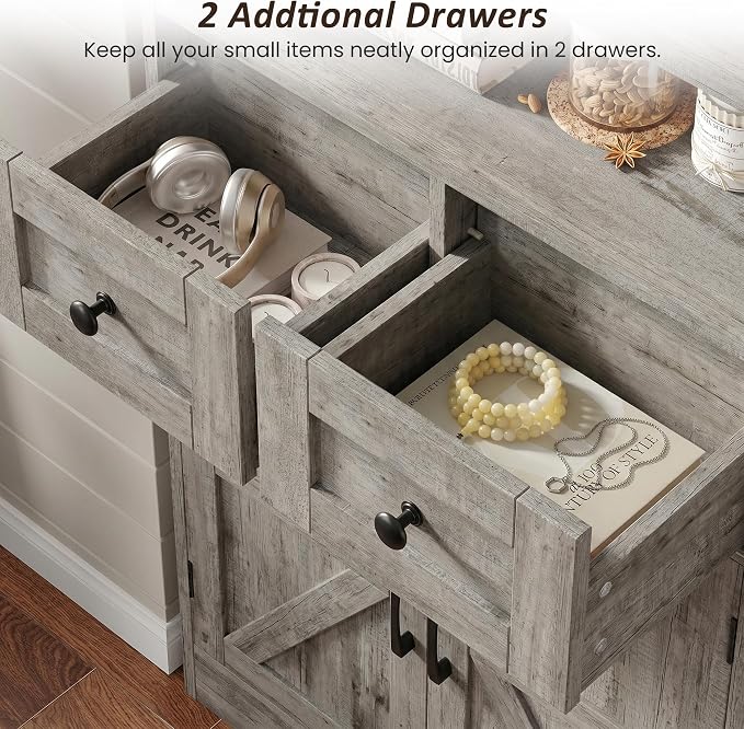 Farmhouse Storage Cabinet with Drawers, Small Kitchen Pantry Cabinet, Gray | Accent Coffee Bar Cabinet Cupboard, 2 Drawers, 2 Barn Doors & Adjustable Shelves, for Kitchen/Entryway/Living Room/Bathroom