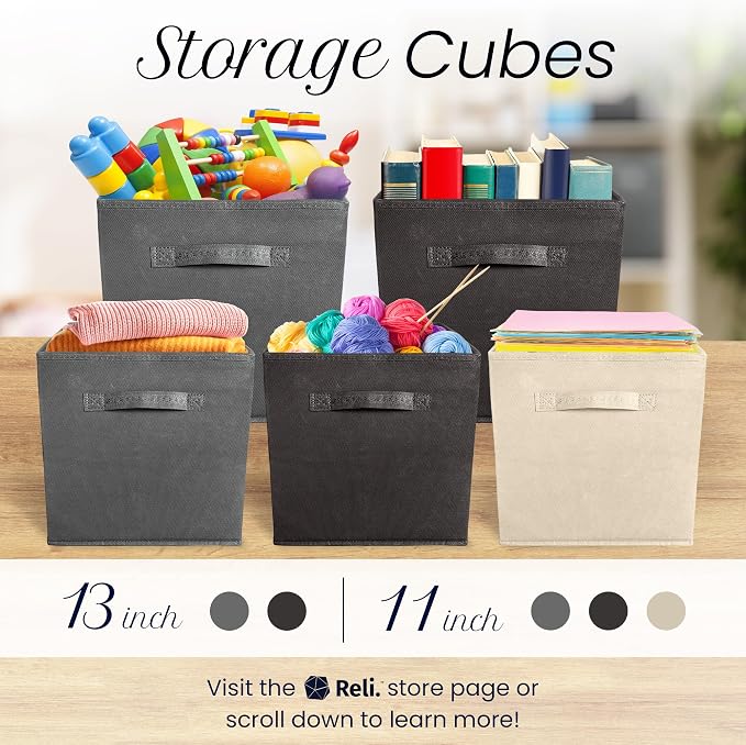 Reli. Storage Cubes (8 Pack) | Black Fabric Cube Bins 11"x11" | Collapsible Organizer | Reinforced Handles | Space-Saving Foldable Design | Children's Toys, Clothes, Craft Supplies, Linens