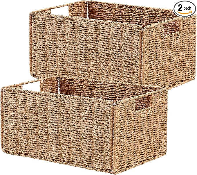 Vagusicc Wicker Storage Basket, Set of 2 Hand-Woven Paper Rope Wicker Basket, Small Storage Baskets for Organizing Toilet Paper, Foldable Large Cube Storage Organizer Bins for Shelves (Natural)