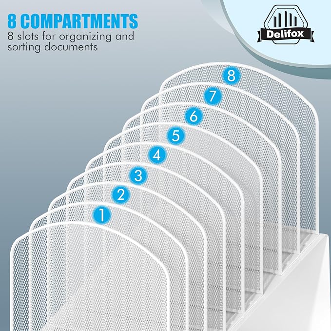 Inclined Desk File Organizer, 8-Section Upright Desk Organizer Standing File Sorter for Office Classroom Desktop Organization (White)