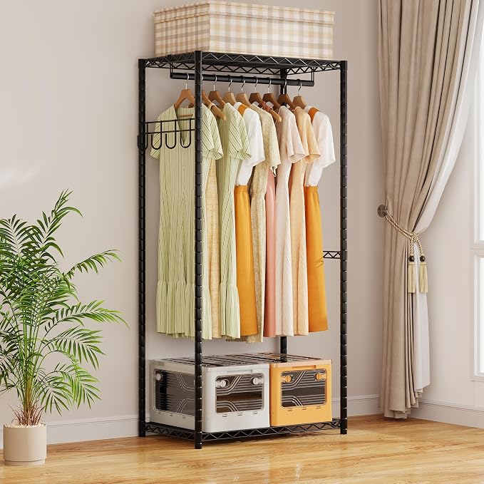 ecobedding Heavy Duty Garment Rack, 1000LBS Max Load Freestanding Closet Organizer with 6 Storage Shelves & 3 Adjustable Hanging Rods, Multifunctional, Glossy Black, 15.75" D x 70-88.5" W x 76.5" H