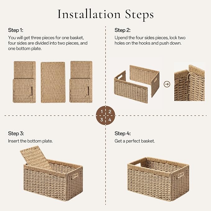 UBBCARE 2 Pack Wicker Basket, 13.4L×8.3H×7.1W inch Woven Paper Rope Storage Baskets for Shelves, Foldable Rectangular Storage Baskets with Handle, Storage Basket for Organizing, Natural
