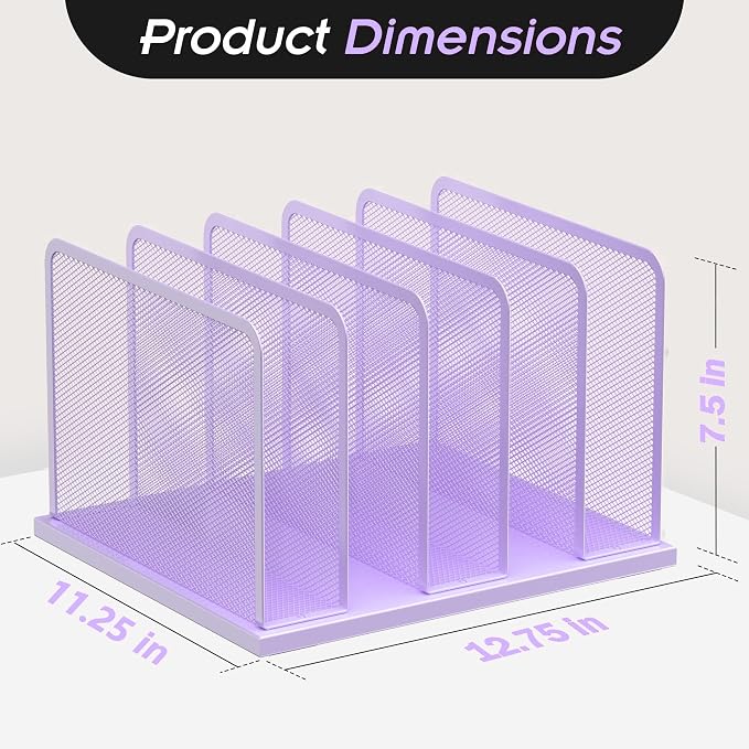Kuntine.B 5-Section Upright Desk File Organizer Purple 1 Pack | Vertical, Mesh, Metal, Assembly, Stability, Sturdiness, Organization, Standing