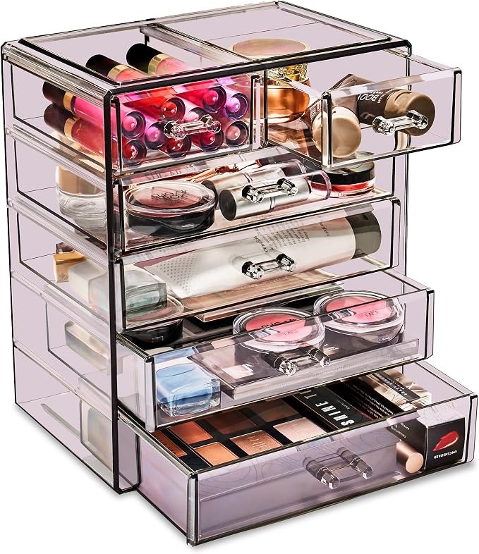 Sorbus Acrylic Makeup Organizer Set, 6-Drawer Vanity & Countertop Cosmetic Storage with Small & Wide Drawers, Purple Makeup Storage for Brushes, Lipsticks, Jewelry – Holiday Gift for Women & Teens