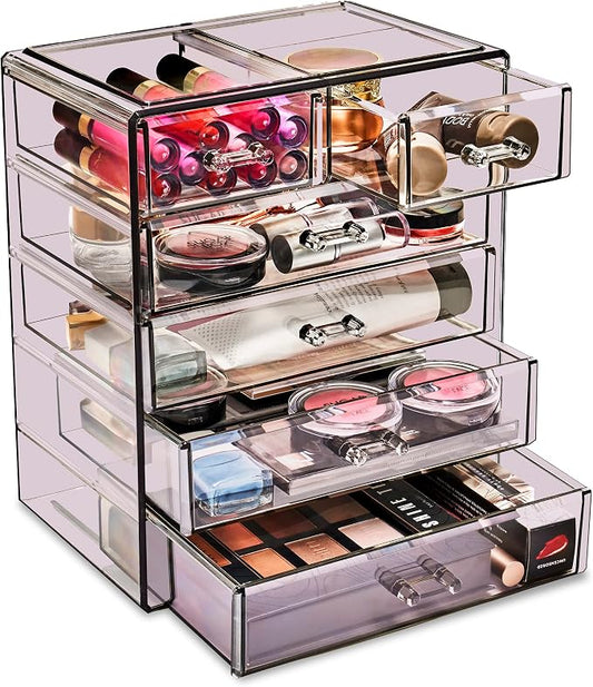 Sorbus Acrylic Makeup Organizer Set, 6-Drawer Vanity & Countertop Cosmetic Storage with Small & Wide Drawers, Purple Makeup Storage for Brushes, Lipsticks, Jewelry – Holiday Gift for Women & Teens