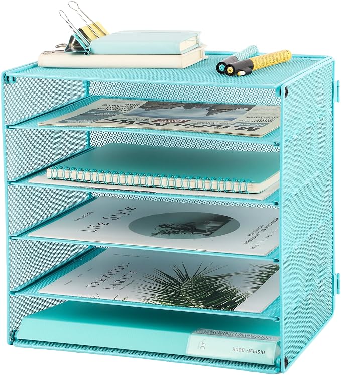 5 Slot Mesh Desk Organizer Tray, File Paper Letter Folder Holder Desktop Paper Sorter Mail Organization Rack Storage Accessories, for Office Home School Classroom, Blue