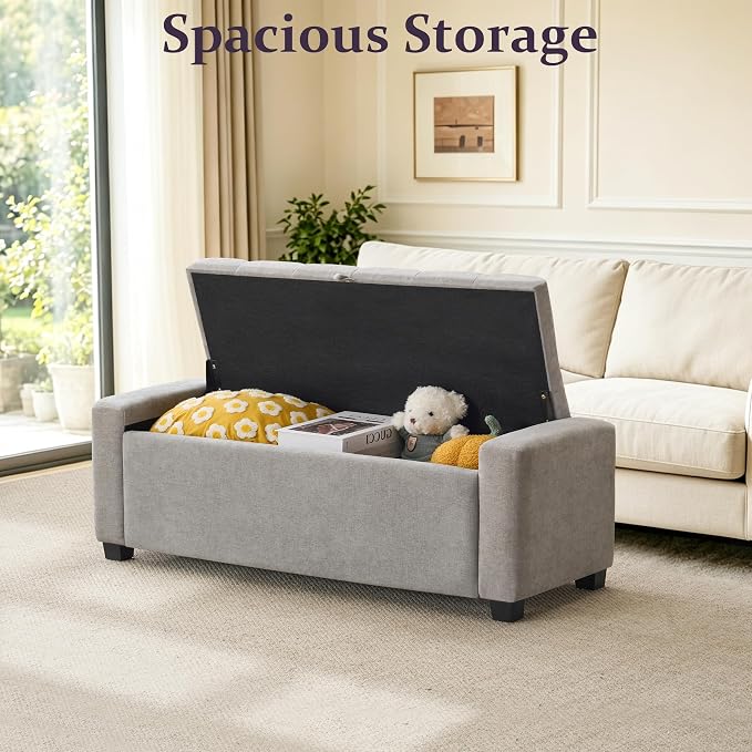 Royal Windsor 48" Ottoman with Storage,Tufted Storage Bench with Safety Hinge,Holds up to 350 lb,Upholstered Bench with Seating for Bedroom,Living Room,Entryway,Linen Light Gray