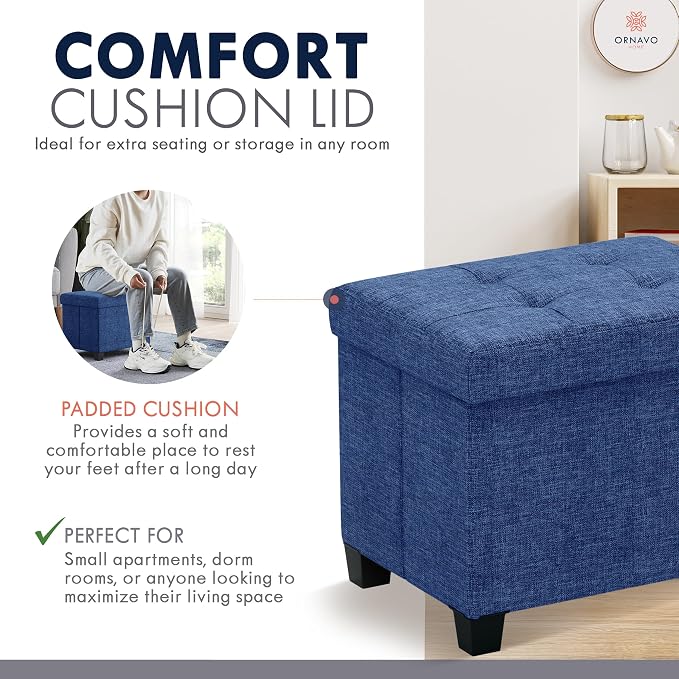 Ornavo Home Small Rectangle Storage Ottoman with Legs, 12x16x12, Navy Blue | Foot Rest Stool Seat; Holds Up to 600 lbs; Ideal for Living Room, Bedroom, Home Office or Dorm
