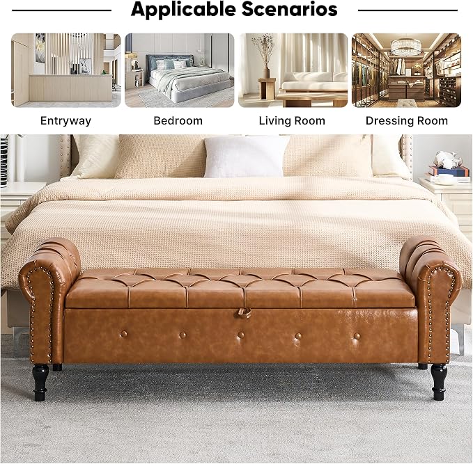 Storage Bench 67" Faux Leather End of Bed Benches Brown | King Size Storage Bench for Bedroom with Rolled Arms Tufted Ottoman Benches Upholstered Bench for Living Room Entryway