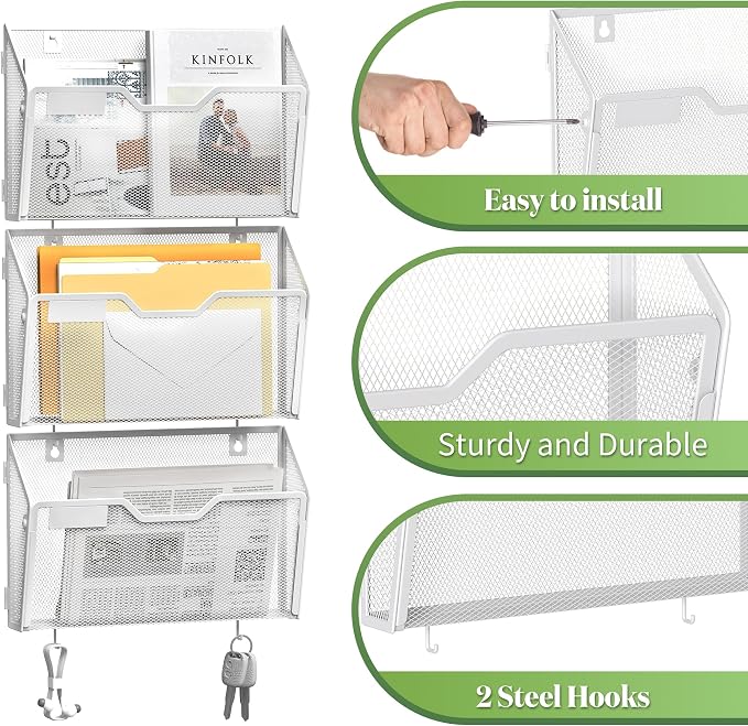 YINGHUA 6 Pack Wall Mounted Mesh File Folder Organizer with Hooks, White | 12.6" durable metal hanging baskets. Perfect vertical storage for mail, magazines and papers in office, home or school.