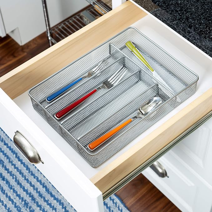 Honey-Can-Do KCH-02154 Steel Mesh 5-Compartment Cutlery Utensil Organizer, Silver (Pack of 6)