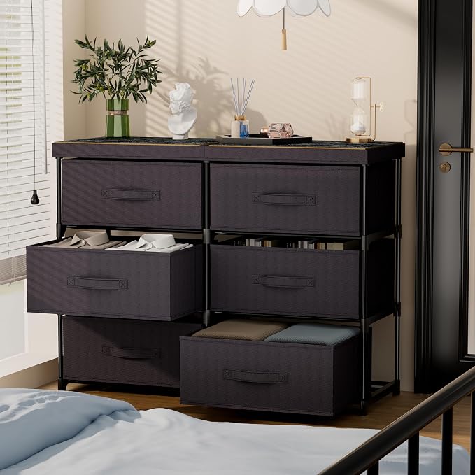 GcdPai Dresser with 6 Fabric Drawer Stand Desktop Sturdy Metal Plastic Support Tube Cube Storage Cabinet for Bedroom Organization Dorm Front Hall Entryway