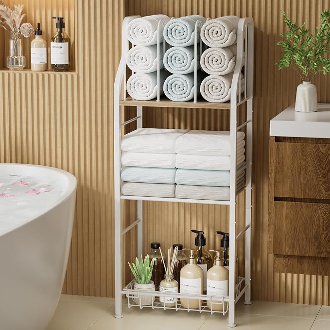 SWTYMIKI Free Standing Towel Rack - 3 Tier M-Shaped Detachable Dividers Towel Shelf for Bathroom, Durable Metal Pool Towel Holder, Modern Space-Saving Bath Towel Storage Organizer