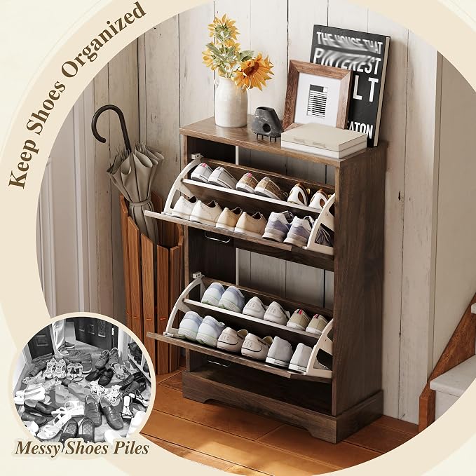 Semiocthome Farmhouse Shoe Storage Cabinet with 2 Flip Drawers, 23.6"(W) Freestanding Shoe Organizer with Barn Door and Metal Handles for Entryway, Corner Rustic Narrow Shoe Rack Cabinet - Walnut