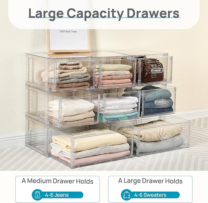 Vtopmart 5 Pack Large & Medium Storage Stackable Drawers Set | Easy Assembly Clear Plastic Storage Cabinet, Durable Dresser for Closet, Bedroom, Entryway, Playroom & Apartment Organization