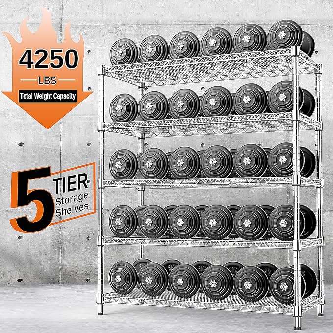 IZEUK 4250 LBS Garage Shelving Wide Storage Shelves 5 Tier Metal Shelves Heavy Duty Adjustable Utility Shelf Rack Chrome 17.7" D x 59.1" W x 70.4" H