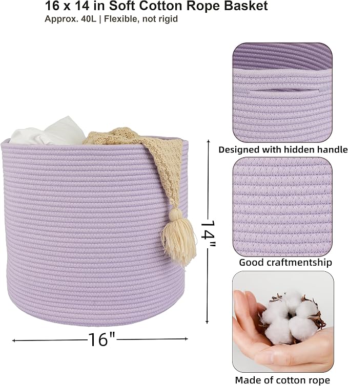 XUANGUO Cotton Rope Basket For Girls Boys Kids 16”X14” purple | Baby Laundry Baskets, Blanket Basket, Nursery Bin; Round Woven Basket Organizer for Toy Storage, Blankets, Shoes and Clothes