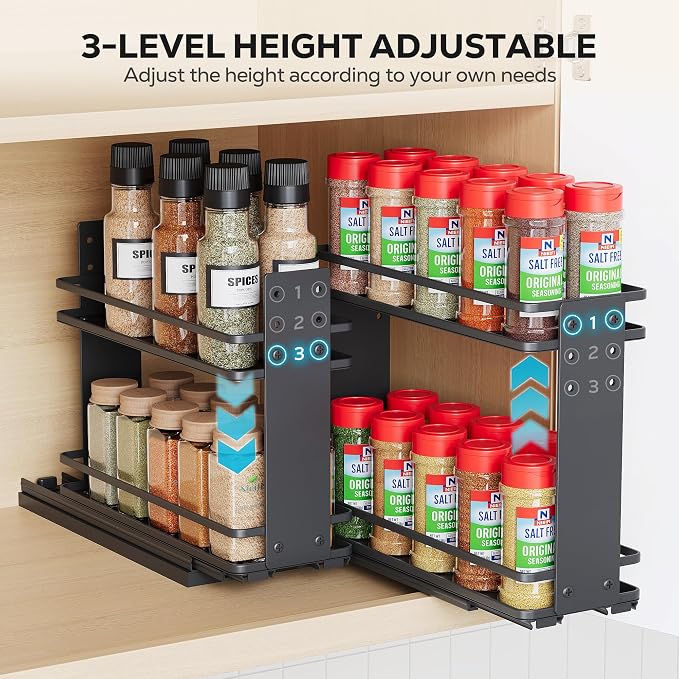Nieifi Pull Out Spice Rack Organizer, 2 Tiers, Black | Spice Organization for Cabinet, Height Adjustable, Easy to Install
