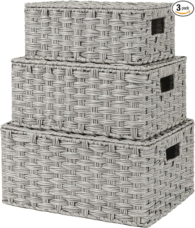 Granny Says Wicker Basket With Lid, Wicker Storage Baskets For Shelves | Woven Baskets With Lids, Wicker Baskets For Storage, Decorative Storage Boxes, Woven Stackable Basket with Lid for Organizing