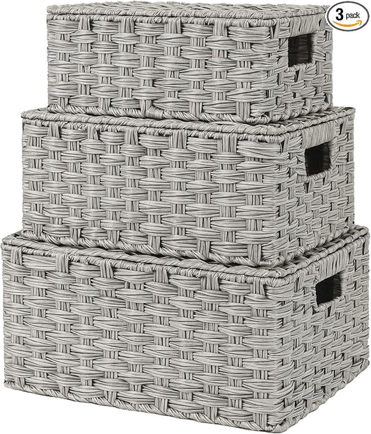 Granny Says Wicker Basket With Lid, Wicker Storage Baskets For Shelves | Woven Baskets With Lids, Wicker Baskets For Storage, Decorative Storage Boxes, Woven Stackable Basket with Lid for Organizing