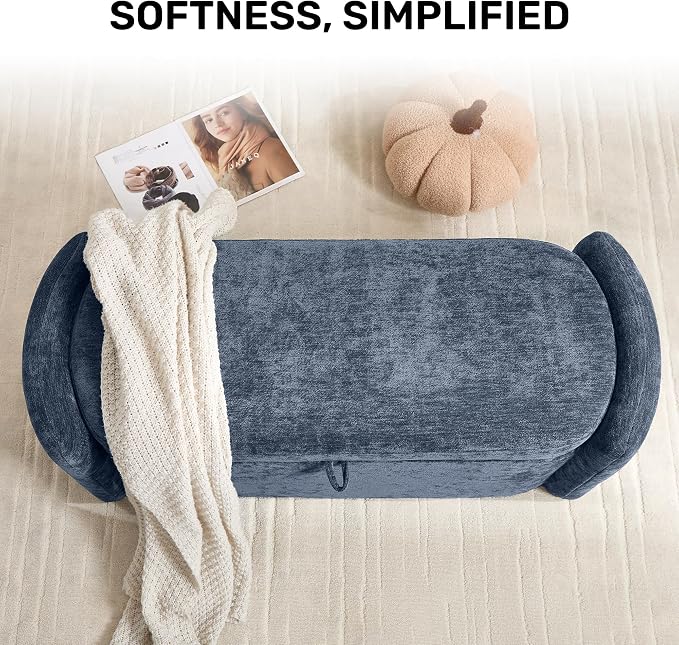 Oval Ottoman Bench with 20 Gal of Storage Space Upholstered Chenille Seat End of Bed Storage Bench Storage Ottoman with Storage for Bedroom, Living Room, Entryway, Window(Blue)