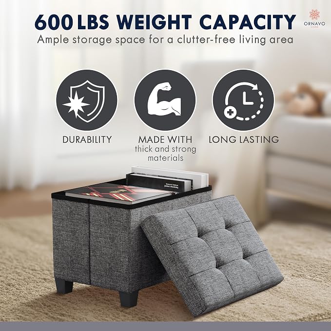 Ornavo Home Small Rectangle Storage Ottoman with Legs, 12x16x12, Dark Gray | Foot Rest Stool Seat; Holds Up to 600 lbs; Ideal for Living Room, Bedroom, Home Office or Dorm