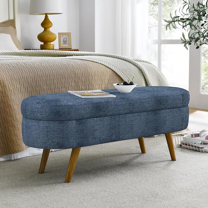 43.5” Storage Ottoman Bench，Upholstered Oval End of Bed Bench for Bedroom | Modern Linen Ottoman with Storage, Entryway Foot Rest with Wooden Leg, Lift-Top Lid with Safety Hinge, Living Room, Dark Blue