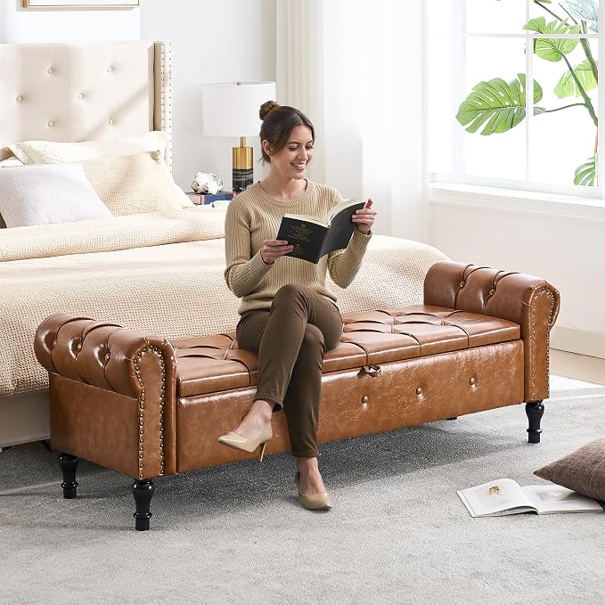 Storage Bench 67" Faux Leather End of Bed Benches Brown | King Size Storage Bench for Bedroom with Rolled Arms Tufted Ottoman Benches Upholstered Bench for Living Room Entryway