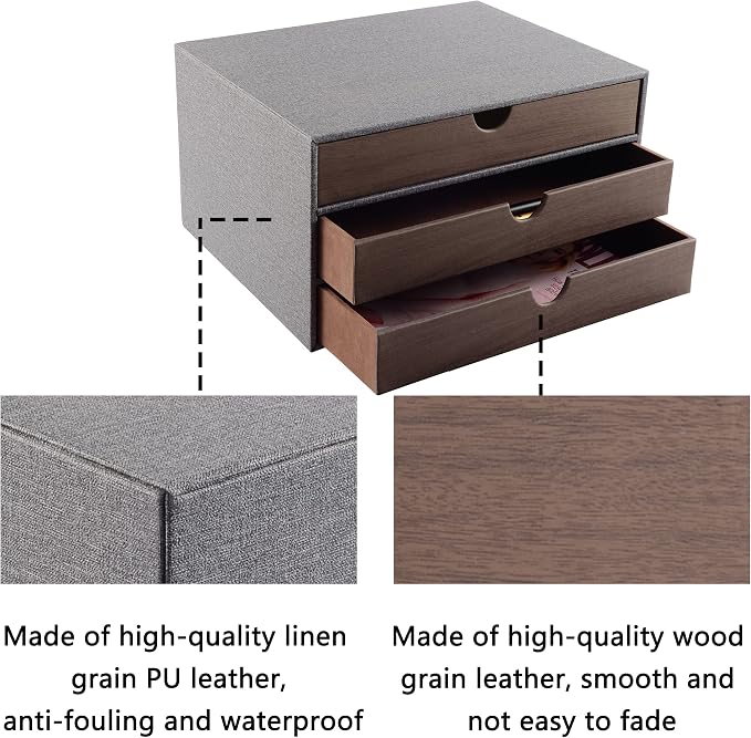 Cloth-effect Faux Leather Desk Organizer File Cabinet Executive Office Supplies Desktop Filing A4 Contract Document Stackable Storage Box with 3 Drawers (Grey)