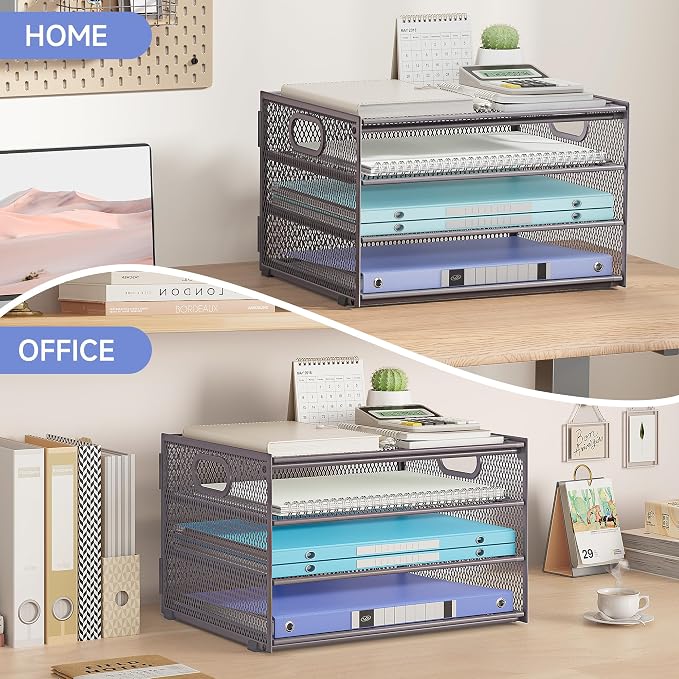 Subekyu Paper Letter Tray Organizer for Desk, Gray Metal Mesh Desk File Sorter Organizer with Handle and 2 Sliding Trays for Home Office School Supplies Organization