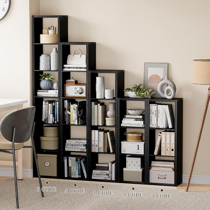 VDNEND Tall Cube Storage Organizer Bookcase, 5 Tier 11 inch Open Back Cubical Shelf with Thickened Border, Display Bookshelf for Living Room, Home Office, Sturdy Room (Black, 5 Cube,Vertical)