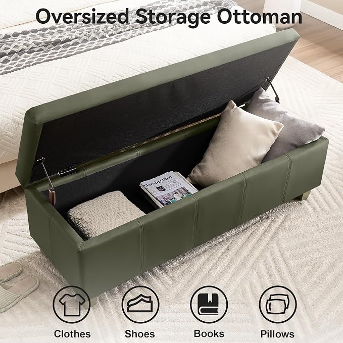 WUTUTUEE 51" Faux Leather Storage Ottoman, Stitch Tufted Rectangle Upholstered End of Bed Storage Bench, Entryway Large Couch Ottoman with Wooden Legs,Green