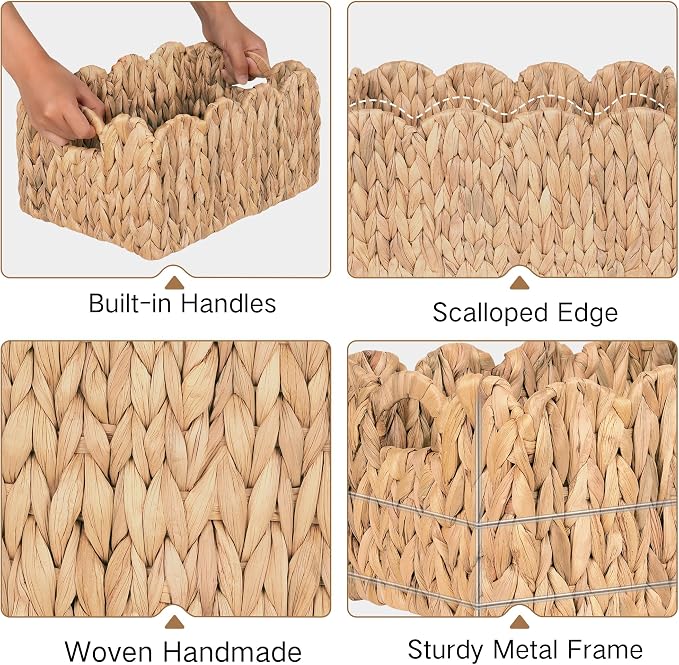 iEGrow Scalloped Wicker Basket, Set of 2 Woven Rattan Natural Water Hyacinth Baskets with Built-in Handles, Rectangle Storage Baskets for Organizing, Decor, Shelf and Nursery Room