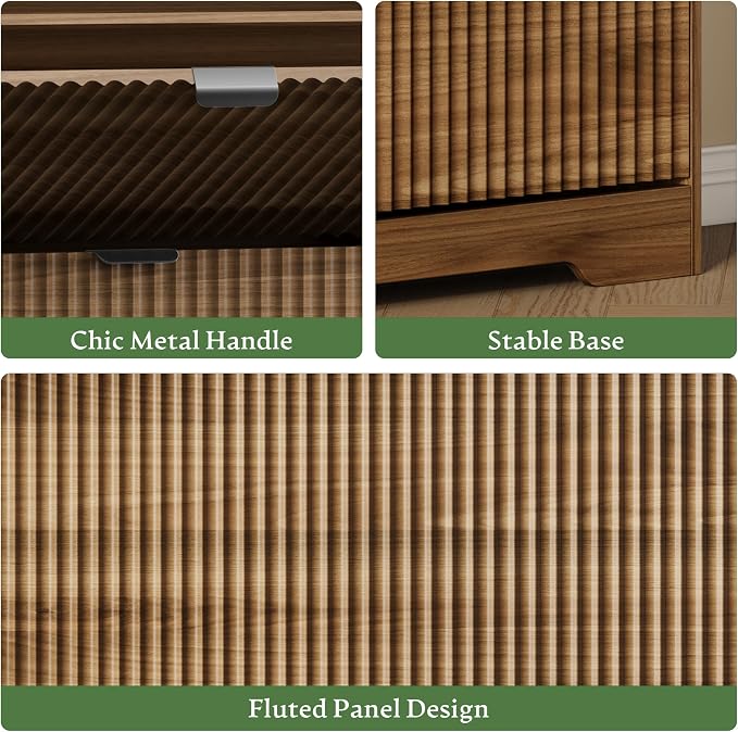 Xixini Shoe Storage Cabinet for Entryway with 3 Flip Drawers, Hidden Slim Wood Shoe Organizer with Modern Fluted Panel, Freestanding Narrow Shoe Rack for Front Door Entrance, Hallway, Foyer, Walnut