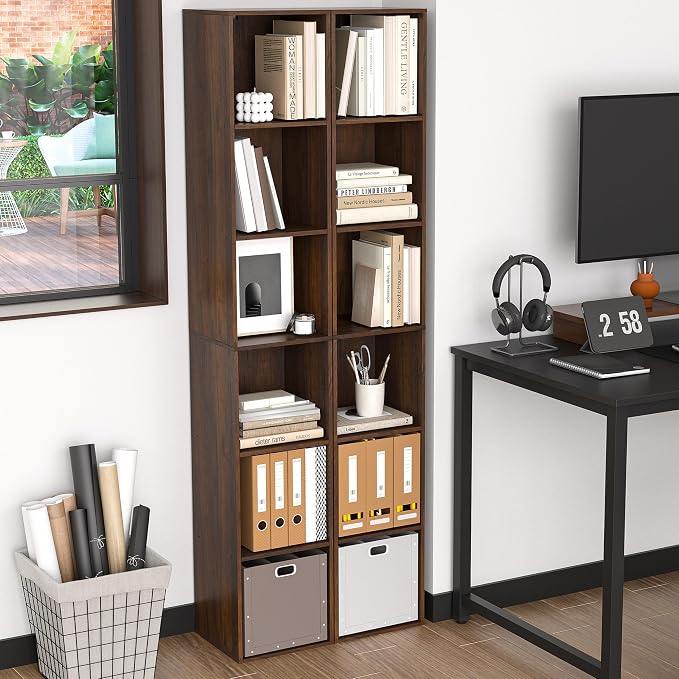 6 Cube Storage Organizer, Narrow Open Shelf Bookcase, Freestanding 6 Tier Low Display Bookshelf for Home Office, Living Room, Bedroom, Dark Brown & Black Walnut