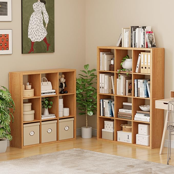 VDNEND Cube Storage Organizer Bookcase, Decorative 11 inch Open Back Cubical Shelf with Thickened Border, Display Bookshelf for Living Room, Home Office, Sturdy Room (Natural Oak, 12 Cube)