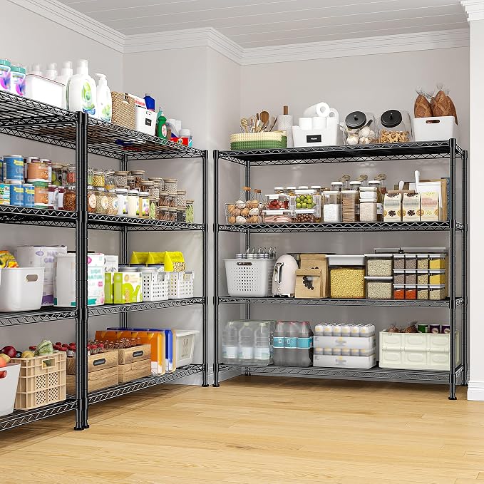 2 Set of 45 "W Metal Shelving Unit 4 Tier Storage Shelves Adjustable Wire Shelving Metal Shelf Pantry Shelves Wire Rack Commercial Shelving for Kitchen Pantry Garage 45 "W x 59.4 "Hx 13.5" D Black