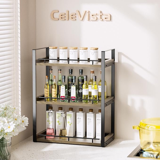 Bathroom Counter Organizer, 3 Tier Wood Countertop Shelf | for Vanity, Skincare, Makeup, Coffee Storage, Wood Shelves, Durable Metal Bracket, for Bathroom Sink, Kitchen (Deep Brown)